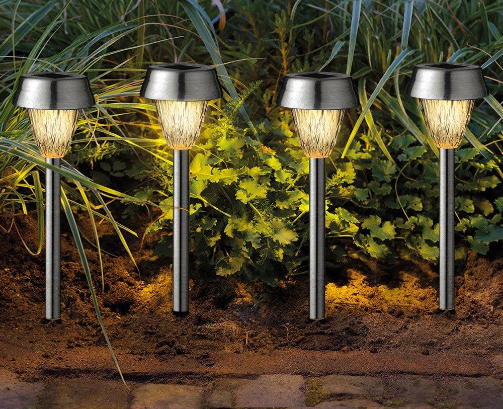 Solar Gartenleuchte 4 Stück Edelstahl LED Solarlampe Beleuchtung Warmweiß 24cm