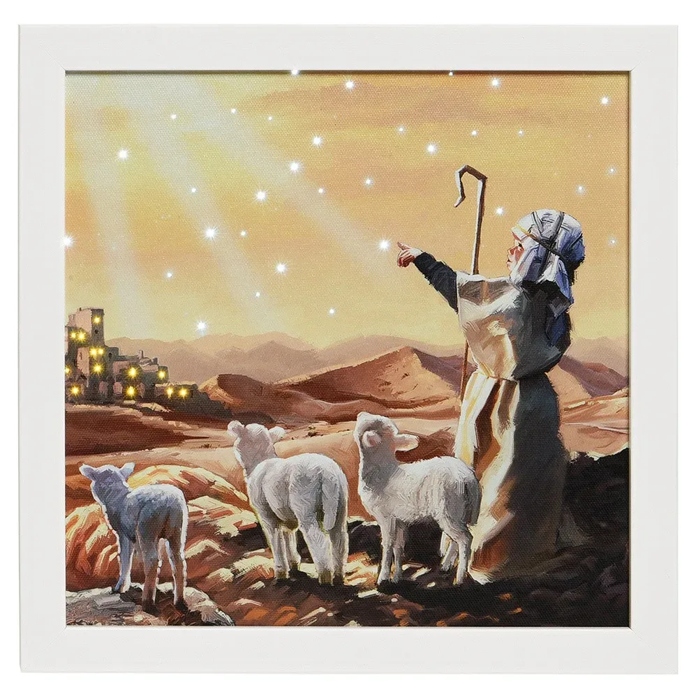 LED Bild Weihnachten Hirte Schafe Sterne Betlehem Beleuchtet 28x28cm