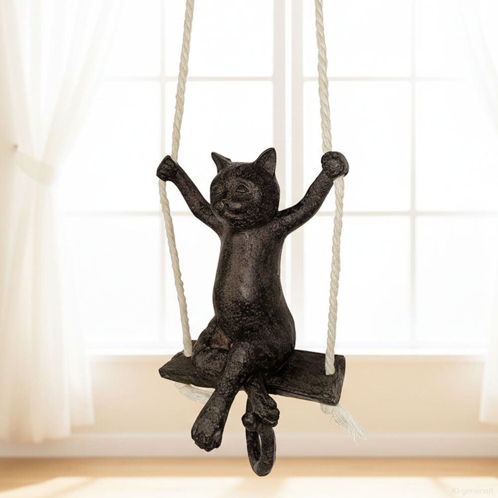 Hängende Figur Katze auf Schaukel Katzenfigur Dekofigur zum Aufhängen Schwarz