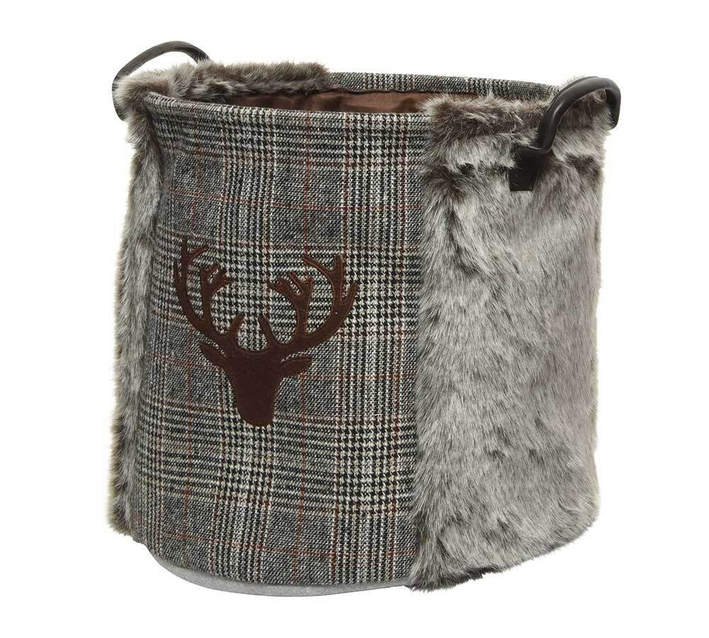 Aufbewahrungskorb Rentier Grau Kariert Deko-Korb mit Griffen Weihnachten 34 cm