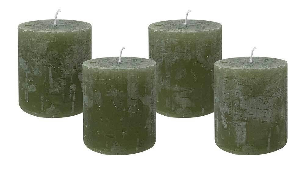 4 Rustic Stumpenkerzen Premium Kerze Oliv Grün 7x8cm - 40 Std Brenndauer