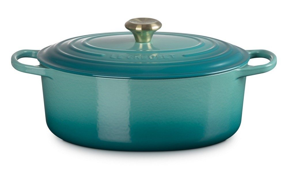 Le Creuset Bräter Signature Oval Gusseisen Bleu Riviera Blau 27 cm