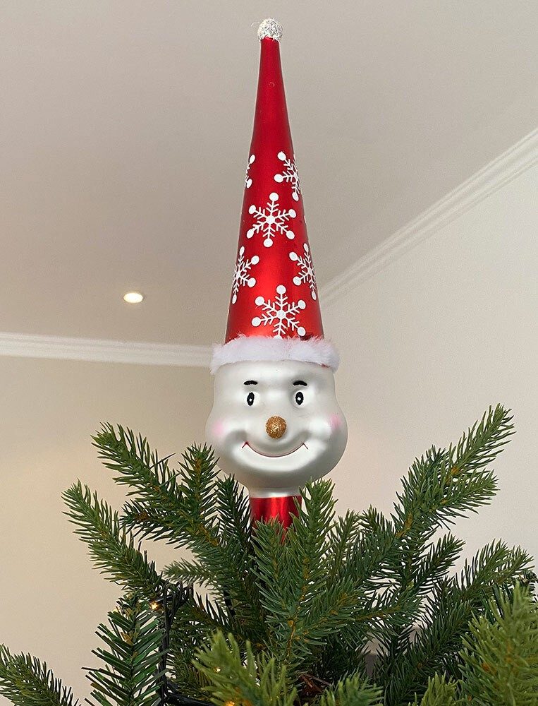 Christbaumspitze Schneemann Echt Glas Rot Weiß Weihnachtsbaumspitze 30cm