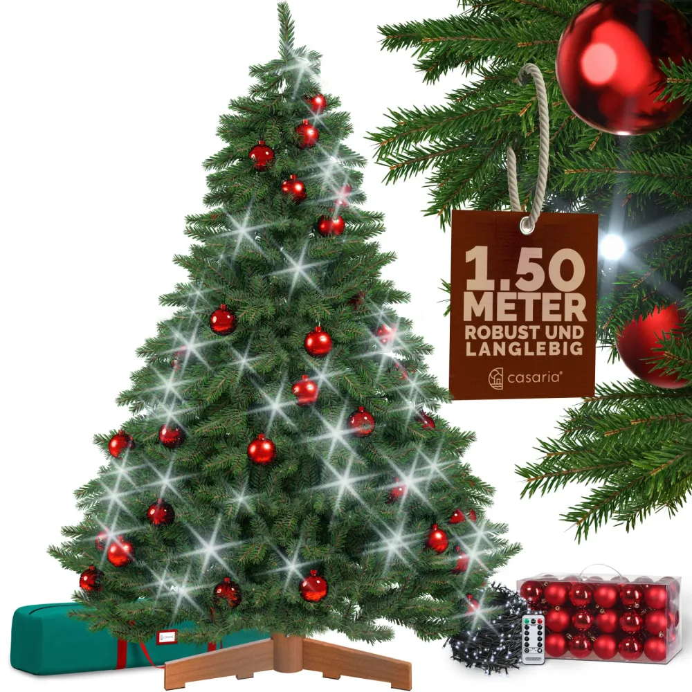 Künstlicher Weihnachtsbaum Premium 150cm + Kugeln Rot + Lichterkette kaltweiß