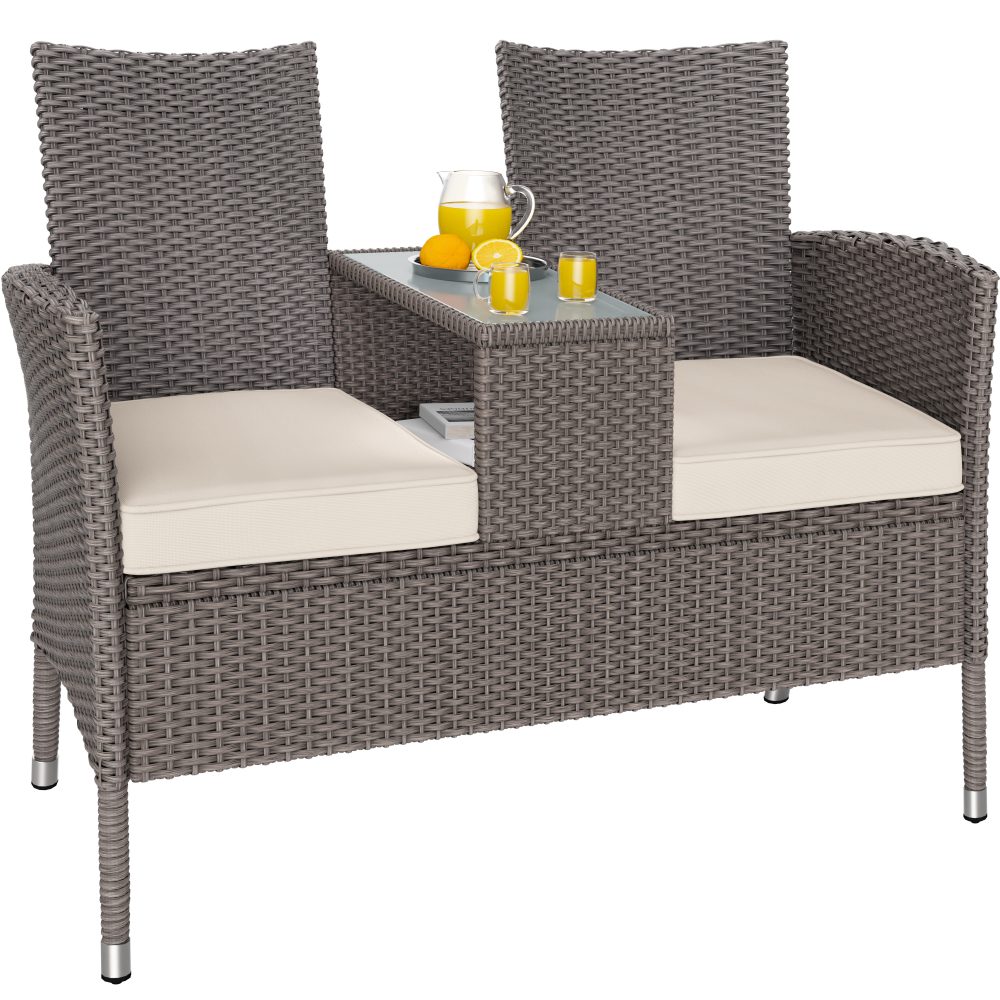 Bank 2-Sitzer Creme mit integriertem Tisch Glasplatte Ablage wetterfest
