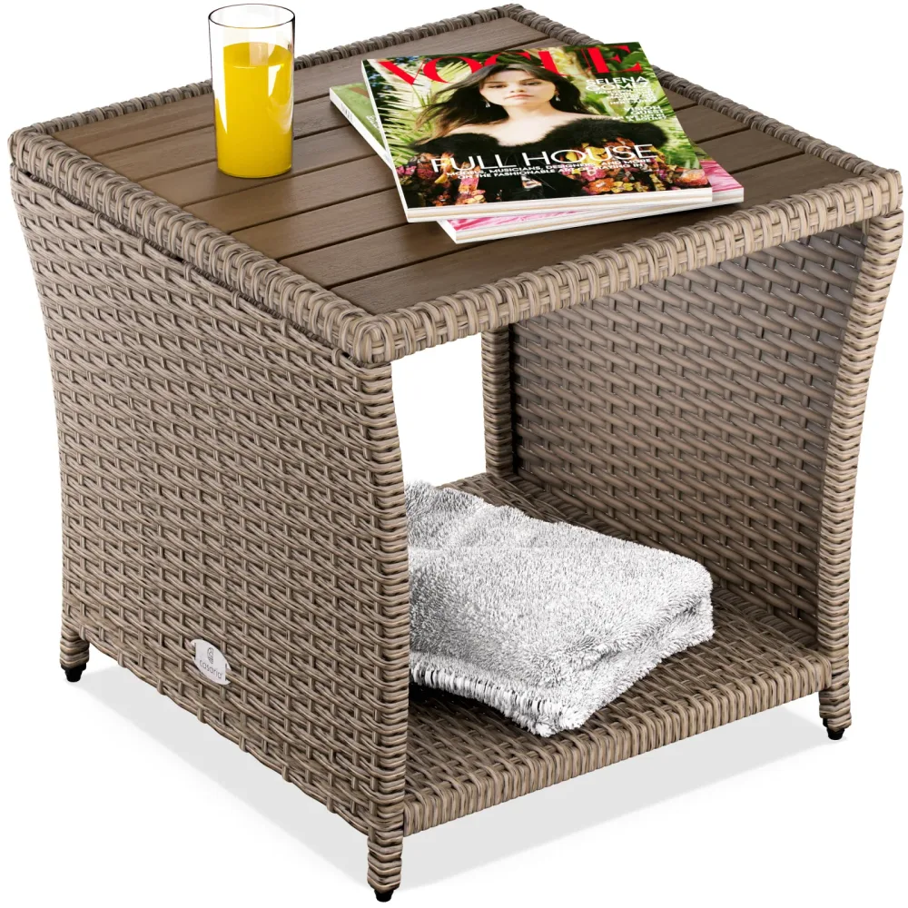 Polyrattan Beistelltisch Creme 40x45x45cm Akazienholz