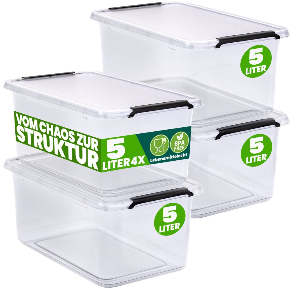 Aufbewahrungsbox 4er-Set 30x20x12cm 5L transparent stapelbar BPA-frei