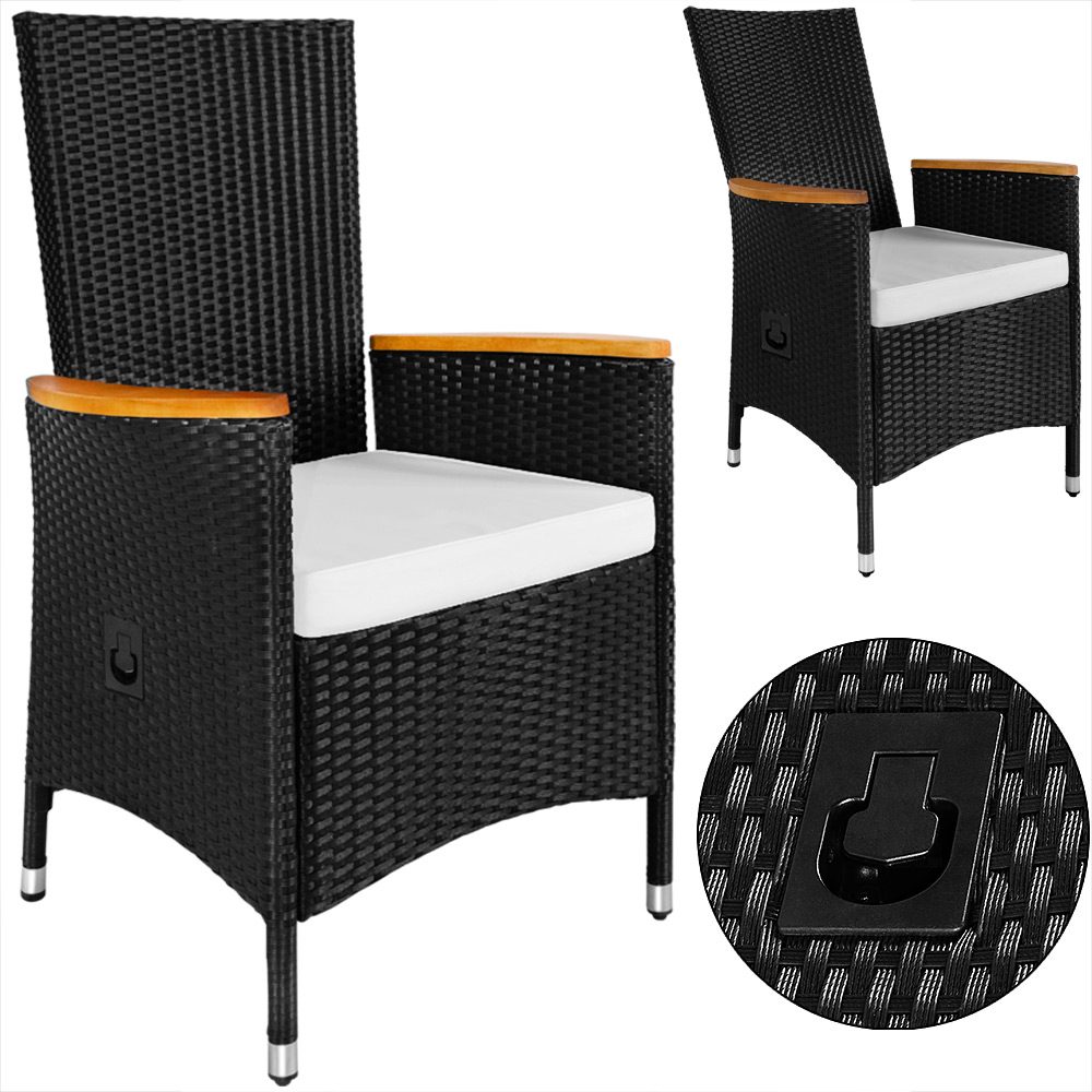 Polyrattan Gartenstuhl 2er-Set Schwarz Rückenlehne verstellbar Armlehne Akazienholz wetterfest