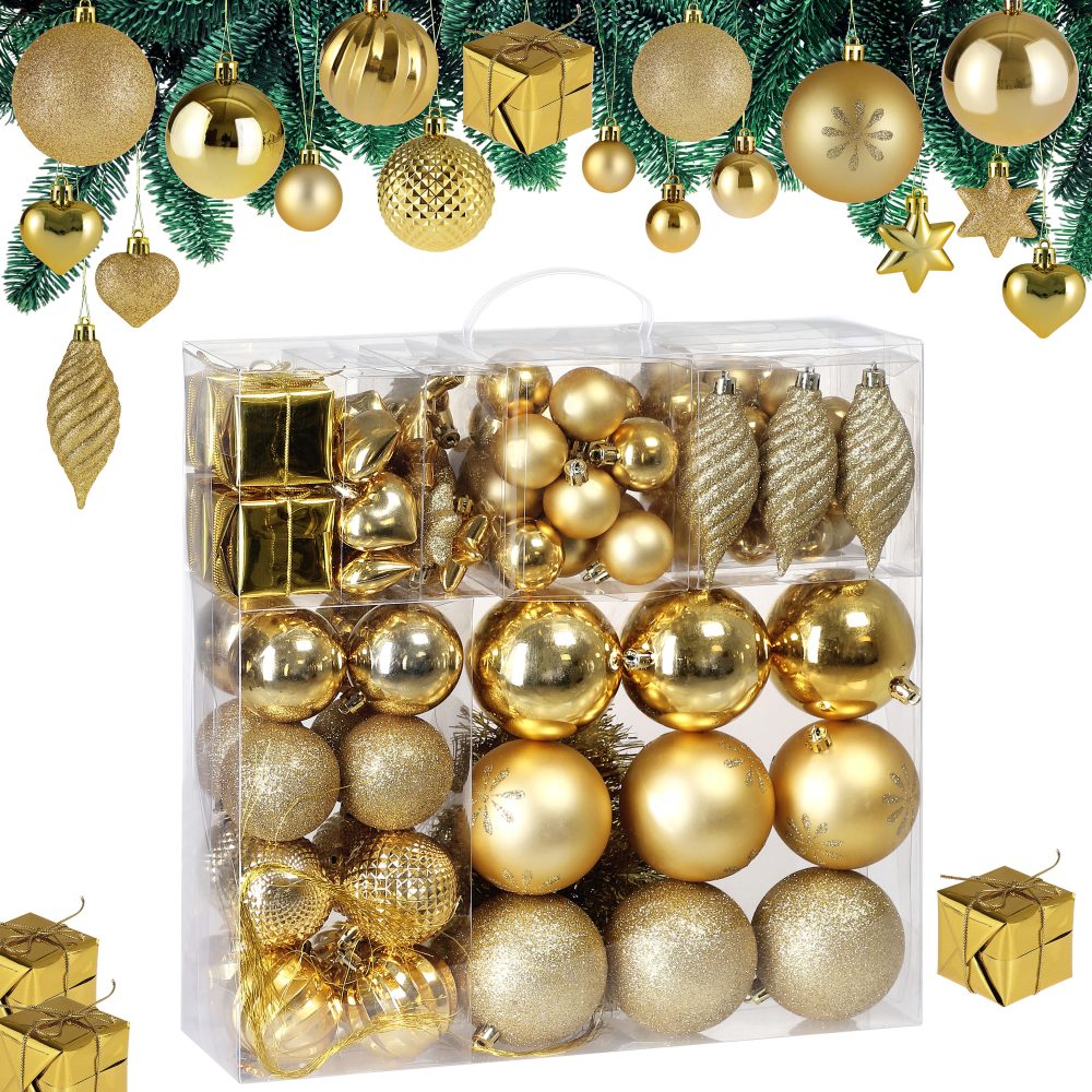 Weihnachtskugeln 103-teilig Gold bruchsicher glänzend matt glitzer