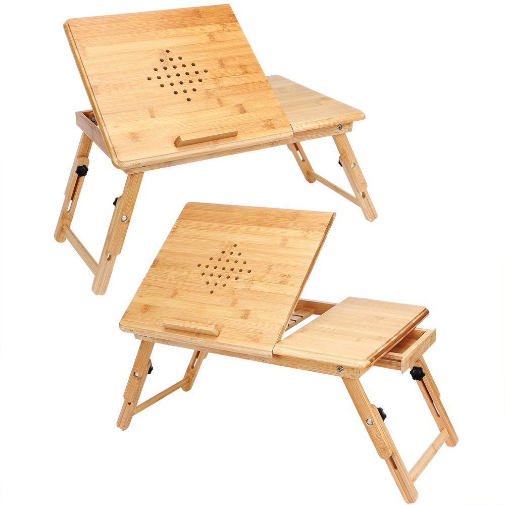 Laptoptisch Bambus 2er-Set 55x28x35cm Belüftungslöcher & Schublade