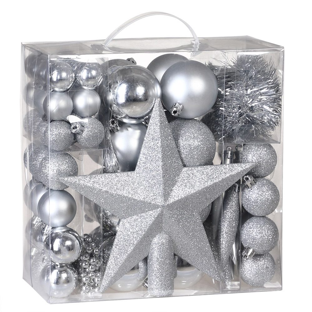 Weihnachtskugeln Silber 77 tlg in matt glänzend & glitzernd