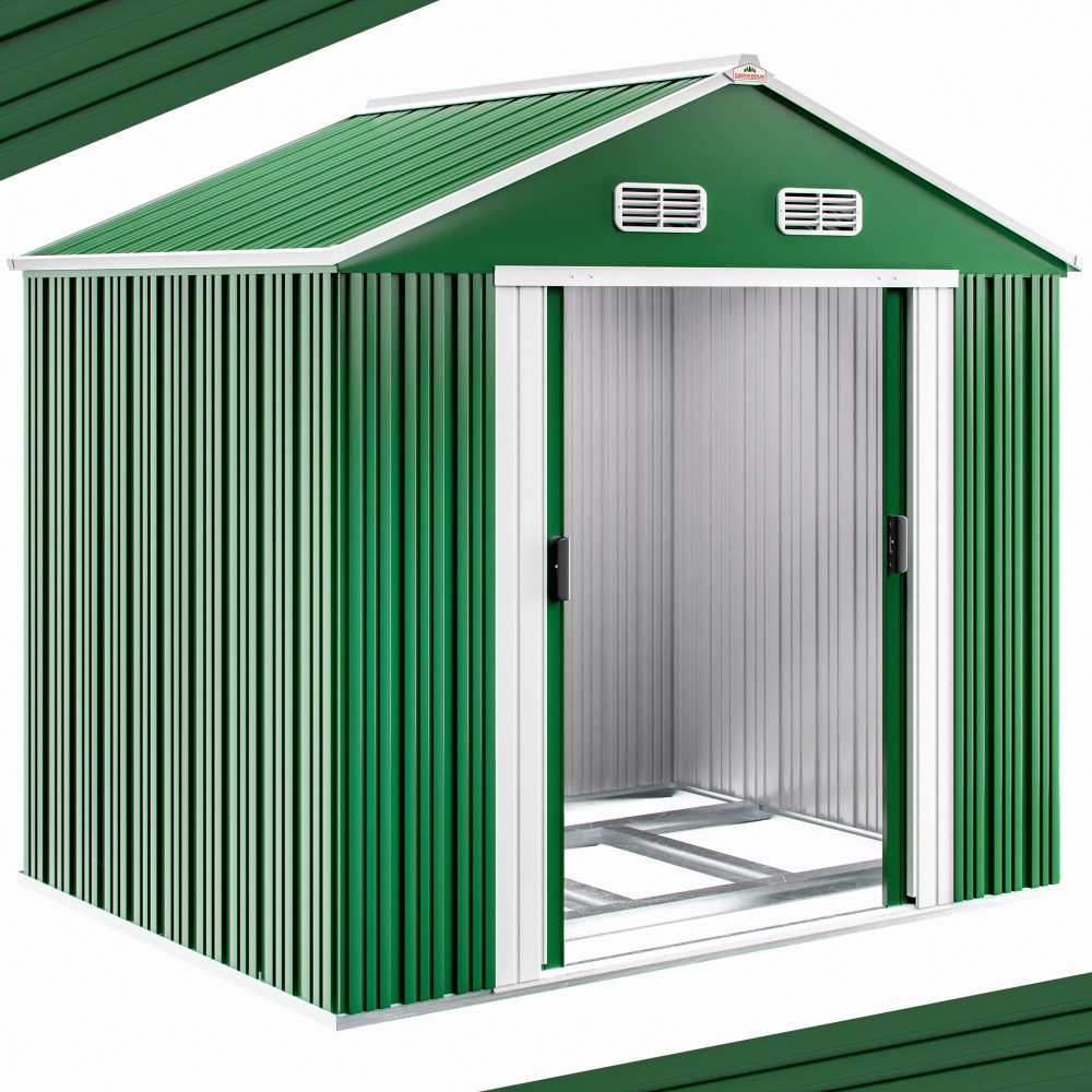 Geräteschuppen Grün 260x205x180cm 5m² verzinkter Bodenkranz Schiebetür