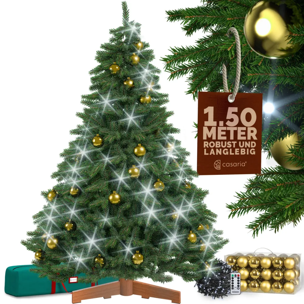 Künstlicher Weihnachtsbaum Premium 150cm + Kugeln Gold + Lichterkette kaltweiß