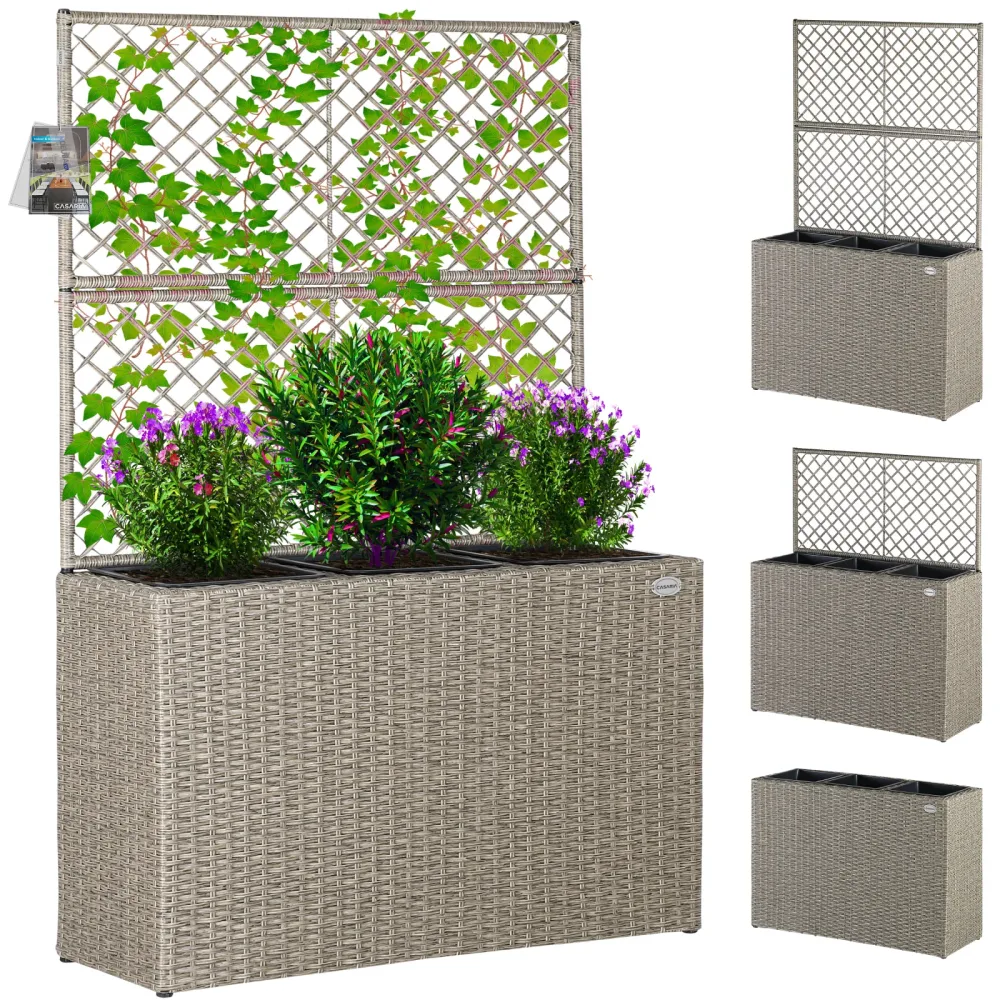 Polyrattan Blumenkasten mit Rankgitter Creme