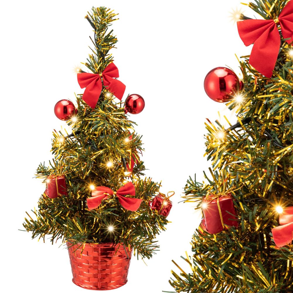 Künstlicher Mini Weihnachtsbaum 36cm Rot mit Timer Lichterkette & Deko