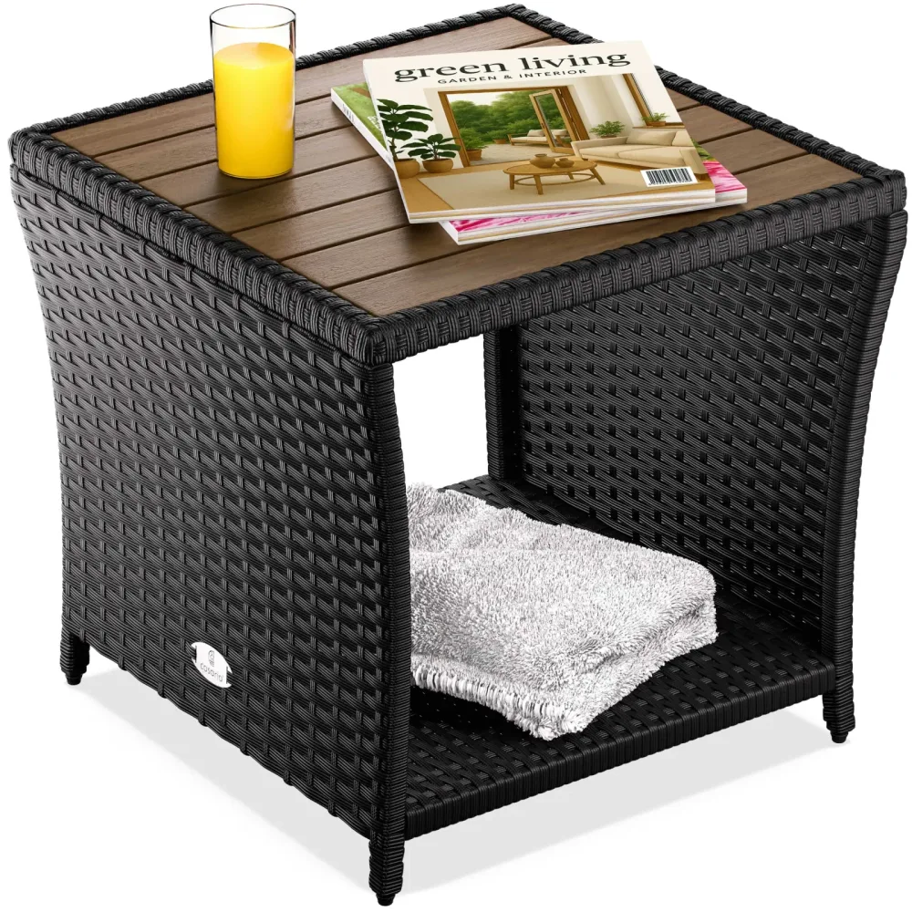 Polyrattan Beistelltisch Schwarz 40x45x45cm Akazienholz