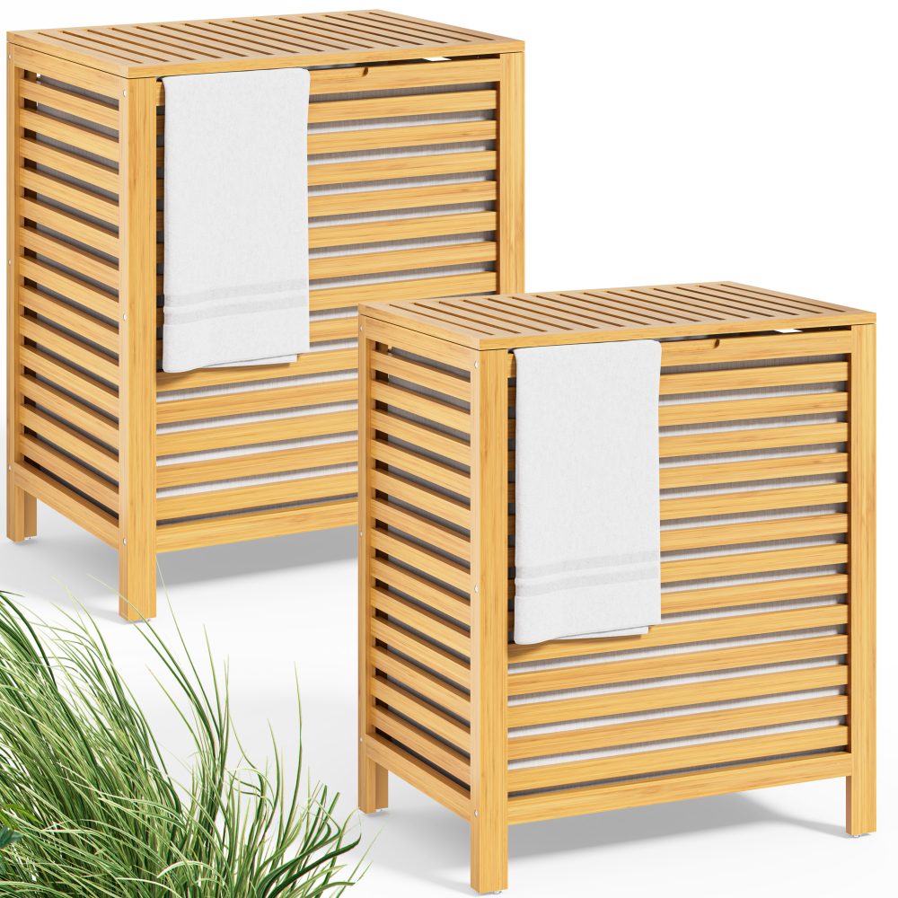 Wäschekorb Bambus 2er-Set 62L Wäschesack herausnehmbar