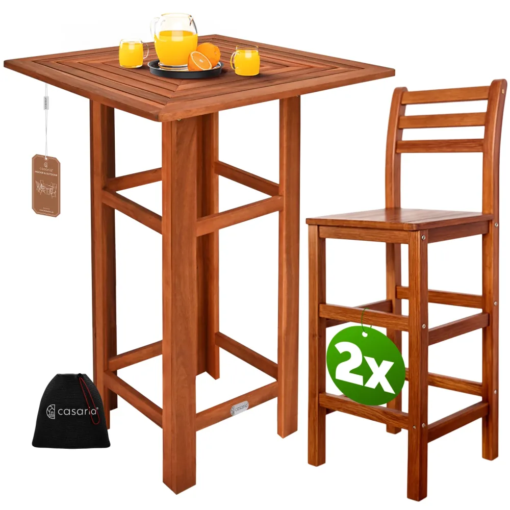 Stehtisch mit 2 Barhocker mit Rückenlehne Akazienholz