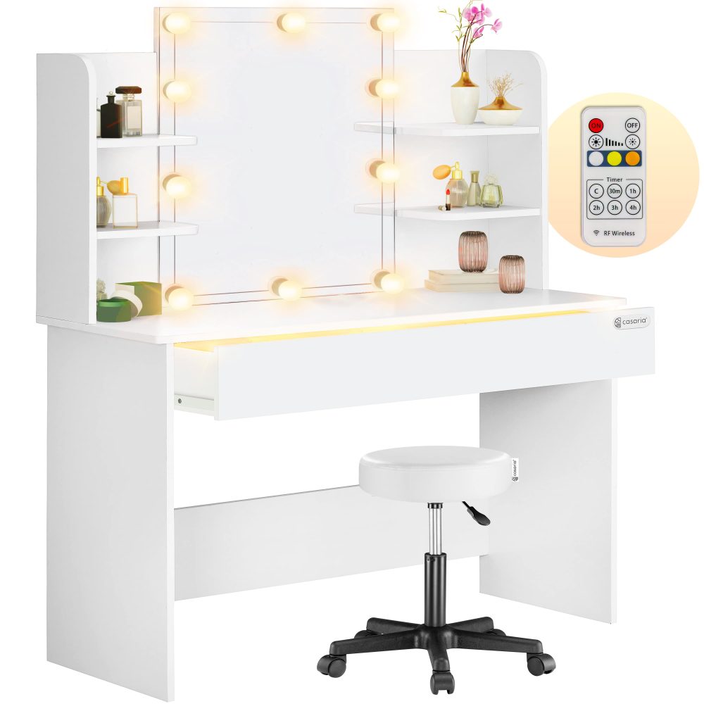 Schminktisch Lucia Weiß 140x110x40cm mit LED + Rollhocker