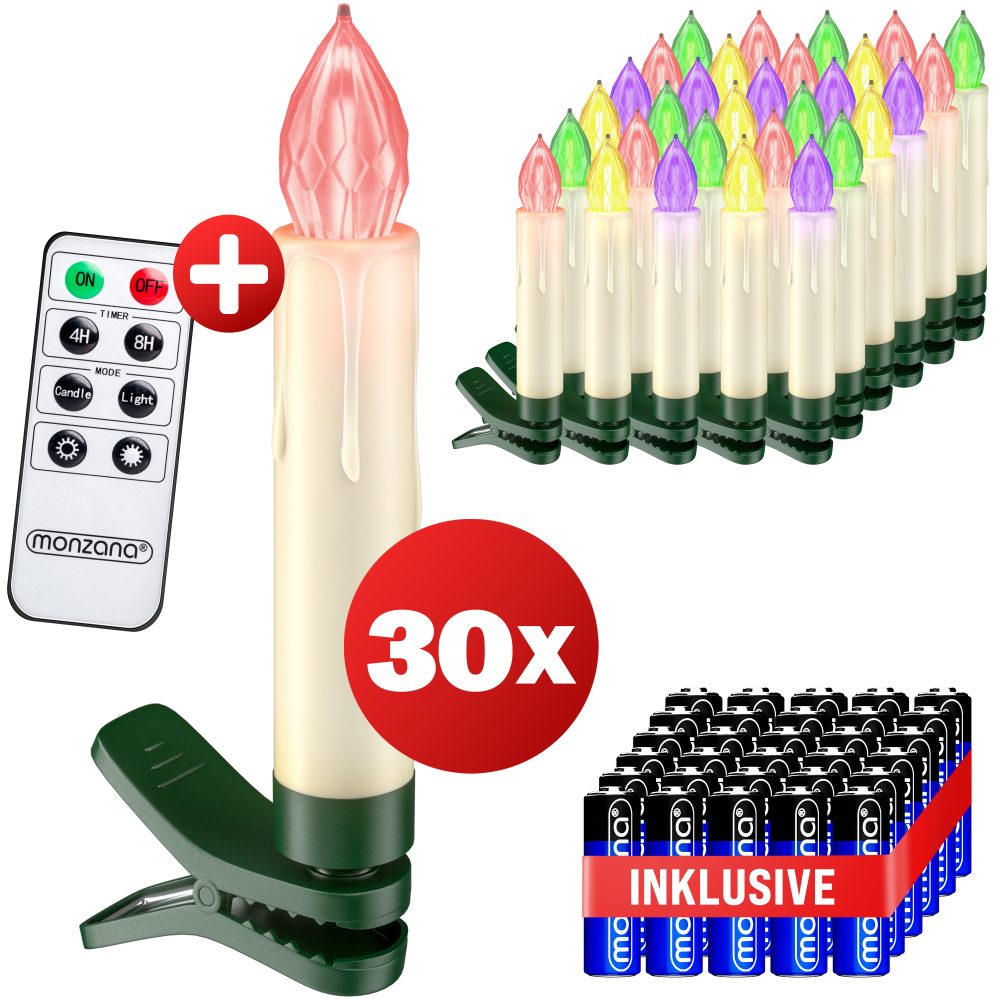 Kabellose Weihnachtsbaumkerzen LED 30er-Set Bunt mit Batterien & Fernbedienung