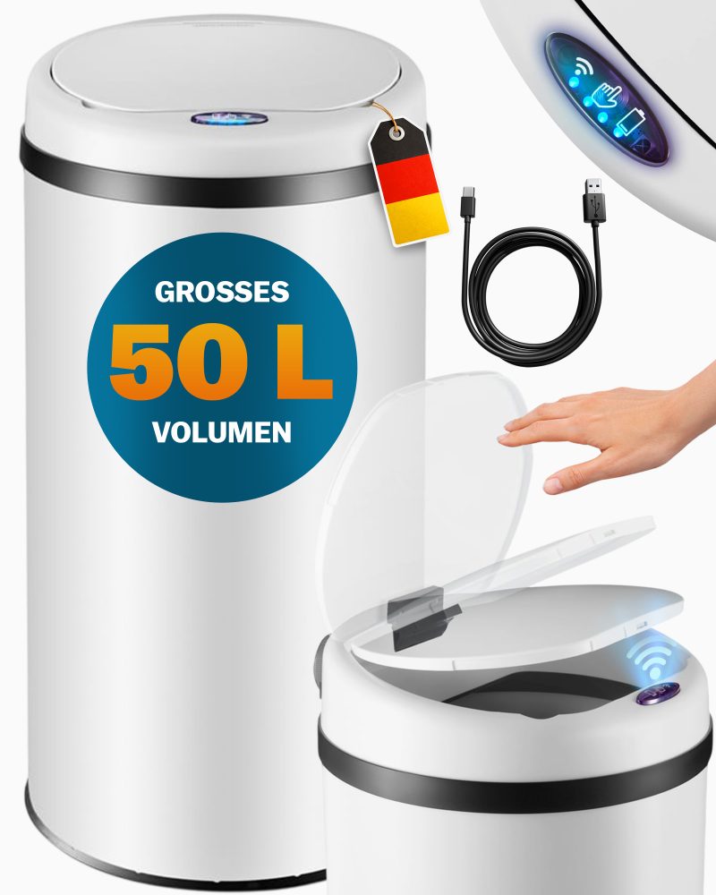 Sensor Mülleimer Weiß Edelstahl 50L