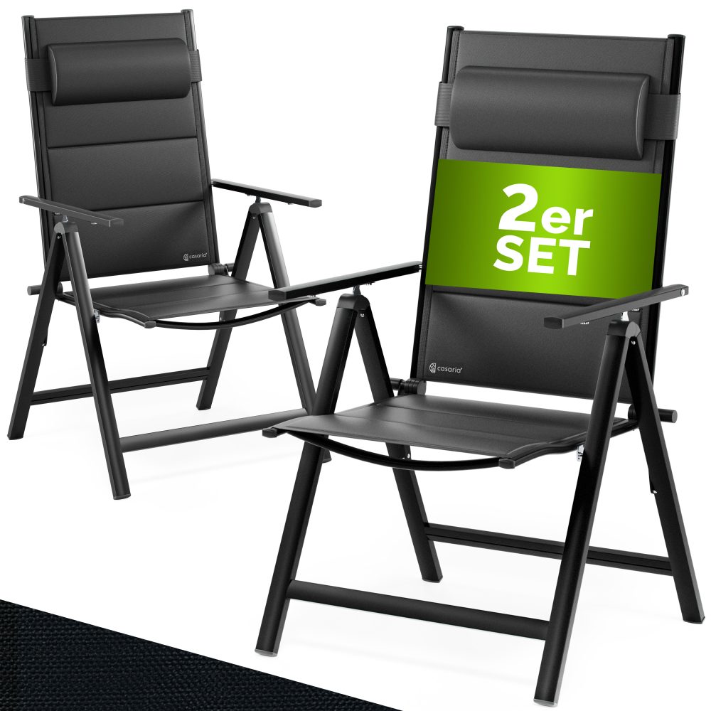 Gartenstühle 2er-Set Schwarz klappbar gepolstert Alu verstellbar 120kg Belastbarkeit wetterfest