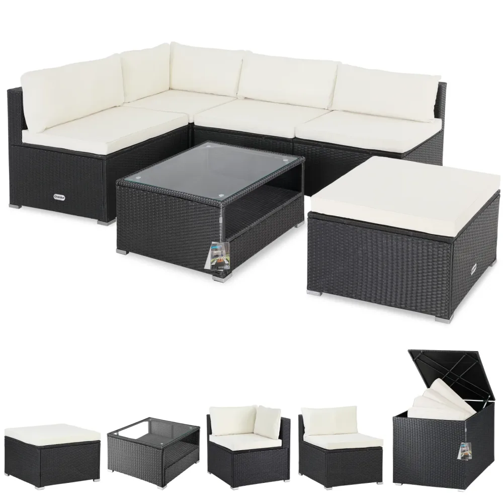 Polyrattan Ecklounge Schwarz/Creme mit Polyrattan Auflagenbox Schwarz