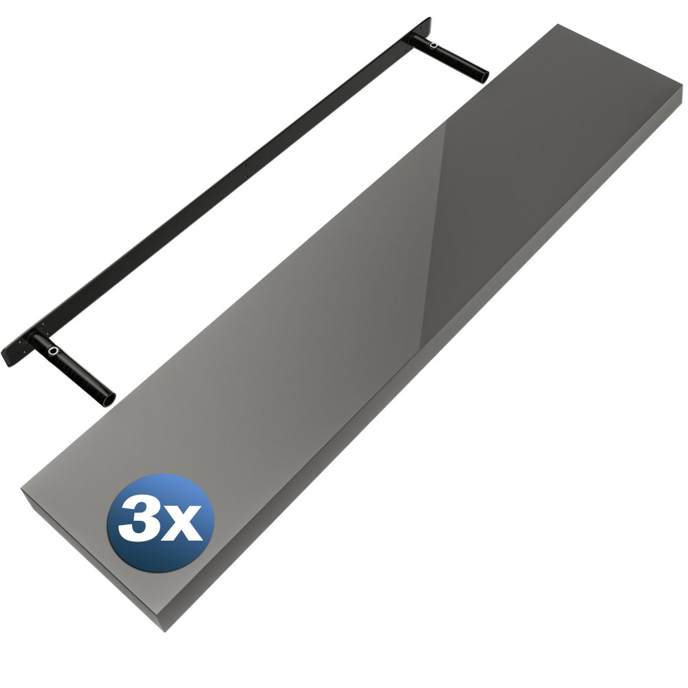 Wandregal Schweberegal 110cm 3er-Set Hochglanz Grau + Halterung