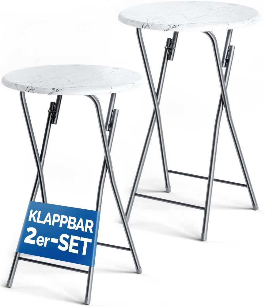 Stehtisch 2er-Set klappbar Ø60cm Marmoroptik Weiß 110cm Höhe