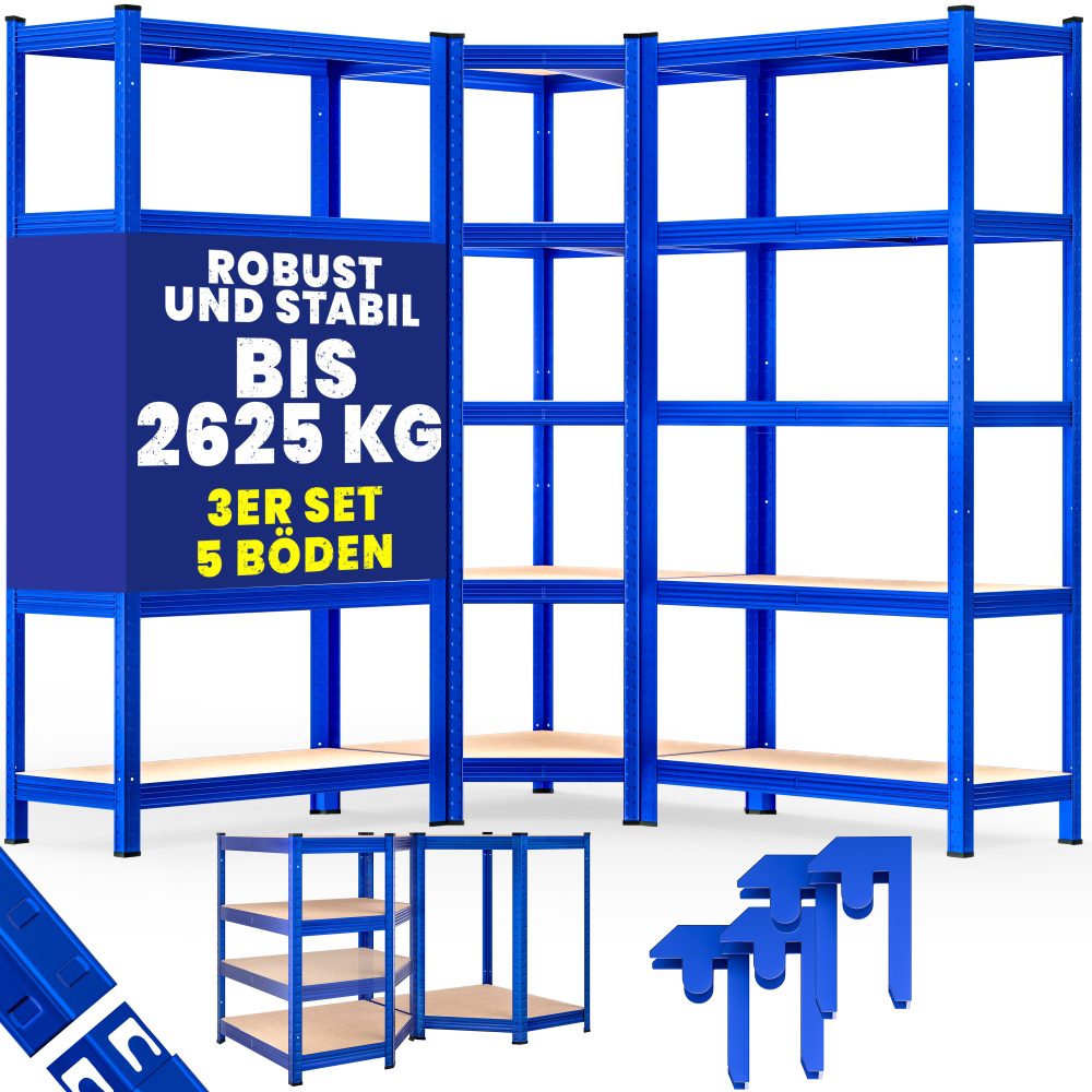 Schwerlast- und Eckregal 3er-Set Blau je 875kg