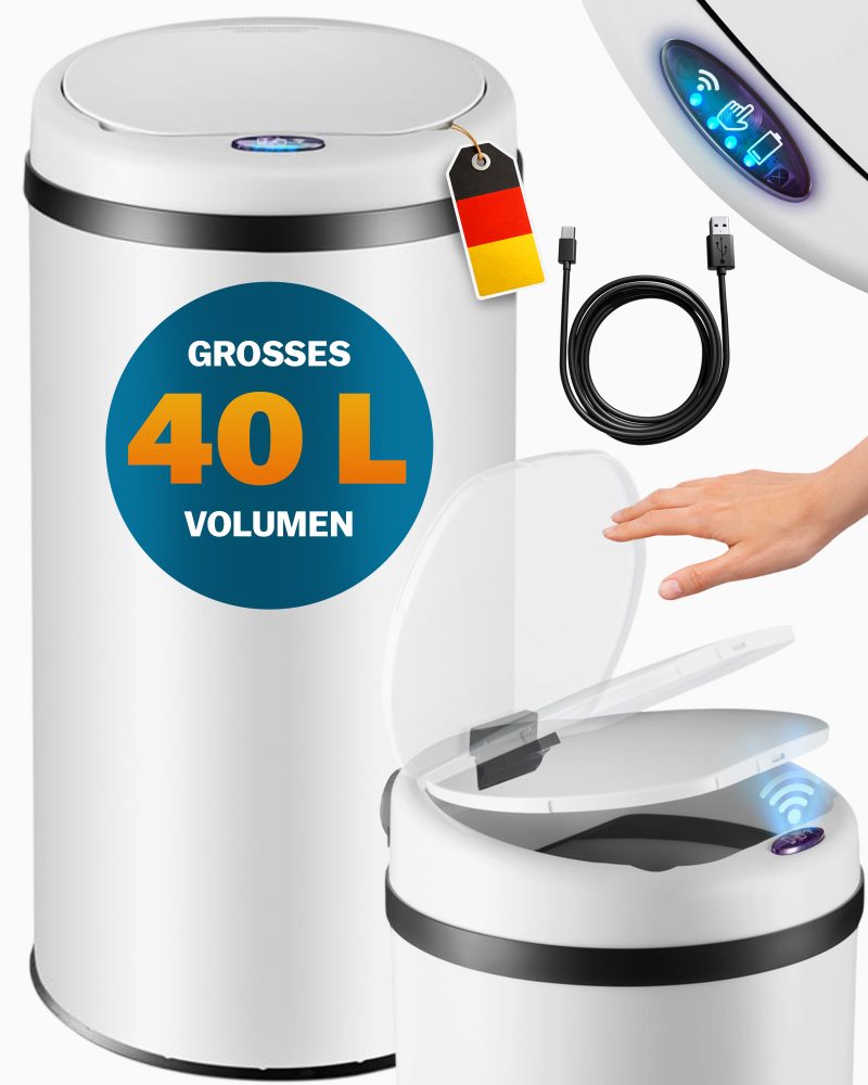 Sensor Mülleimer Weiß Edelstahl 40L