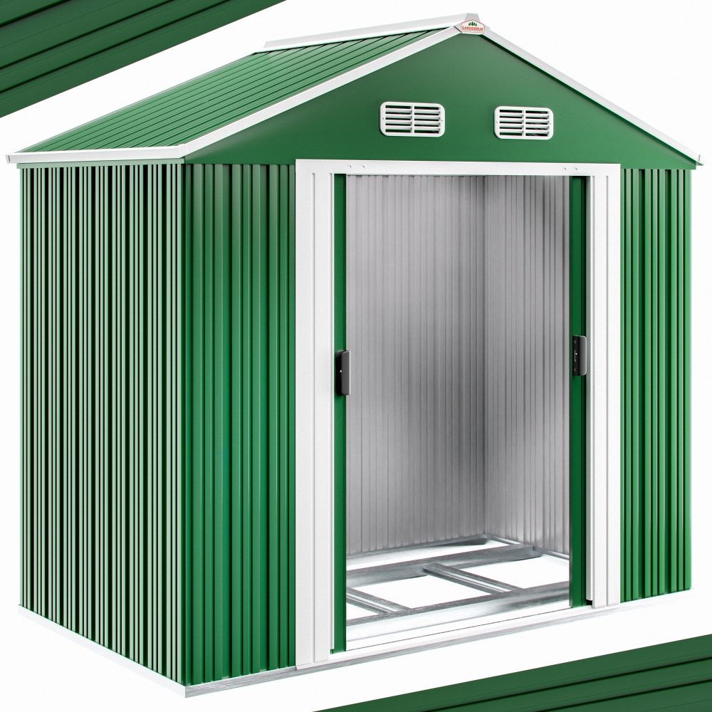 Geräteschuppen Grün 200x135x190cm verzinkter Bodenkranz 4 Haken