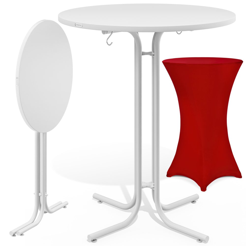 Stehtisch Weiß 110x70cm + Stehtischhusse Rot Ø70cm