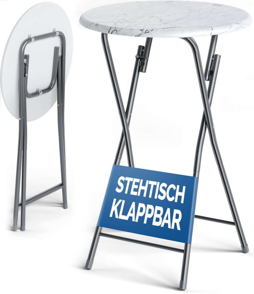 Stehtisch klappbar Ø60cm Marmoroptik Weiß 110cm Höhe