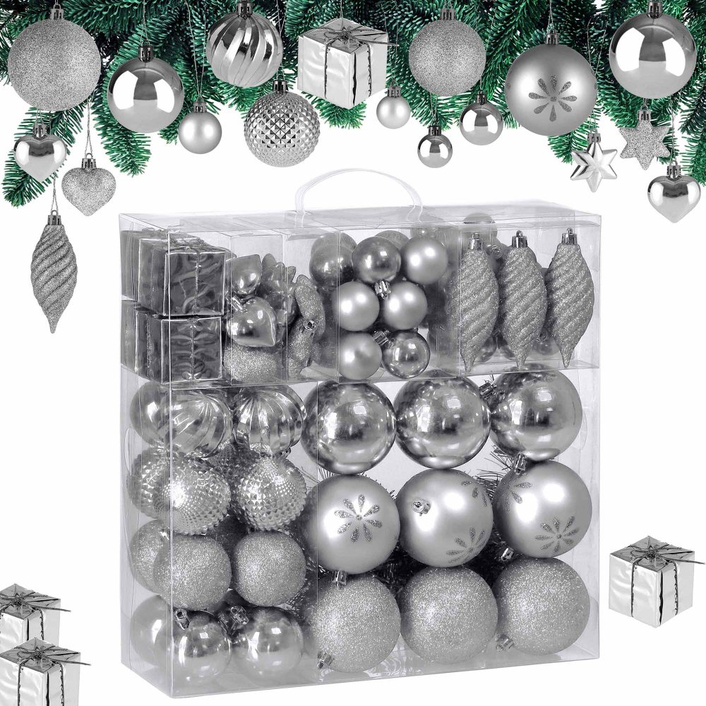 Weihnachtskugeln 103-teilig Silber bruchsicher glänzend matt glitzer
