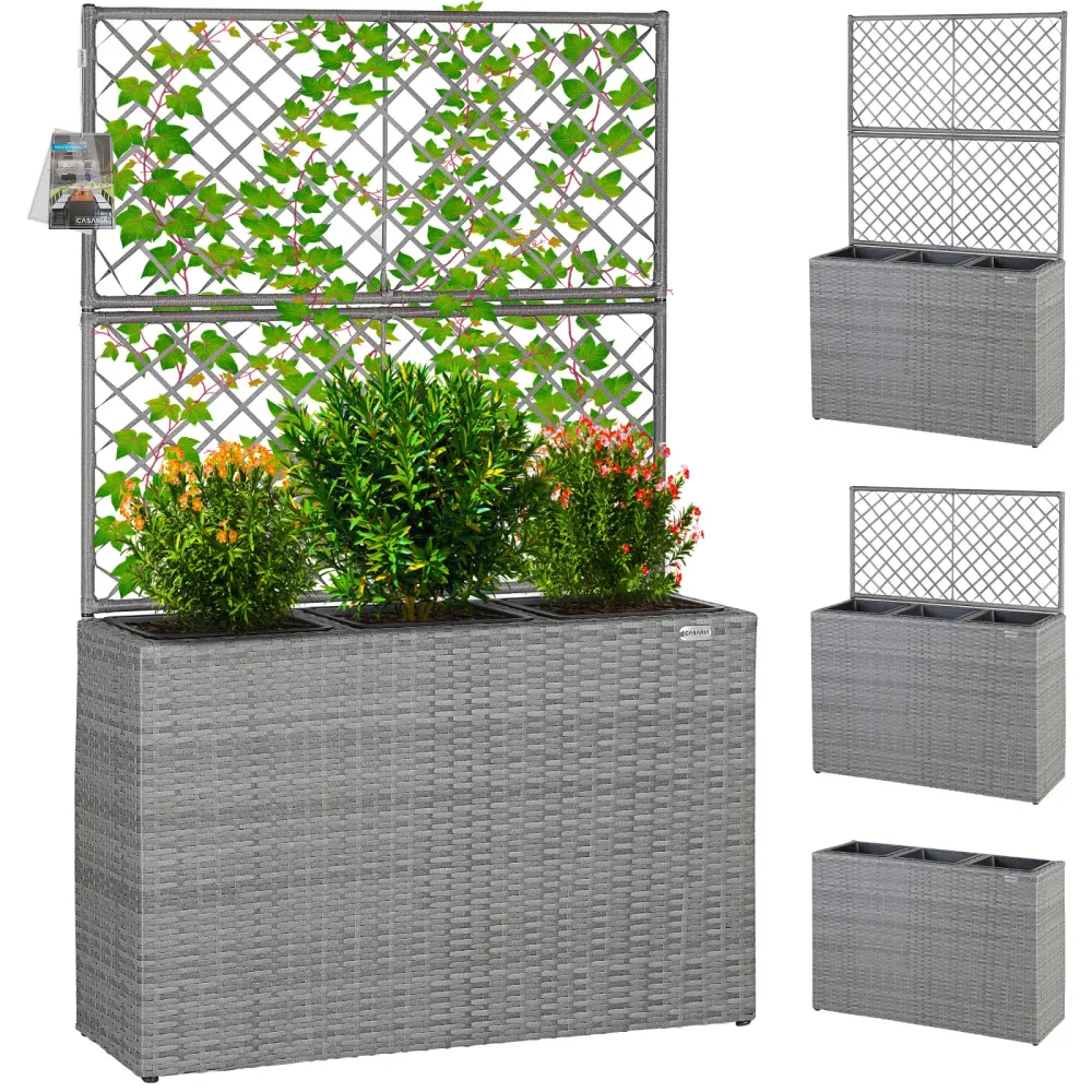 Polyrattan Blumenkasten mit Rankgitter Grau