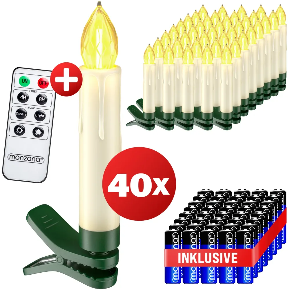 Kabellose Weihnachtsbaumkerzen LED 40er-Set Warmweiß mit Batterien & Fernbedienung