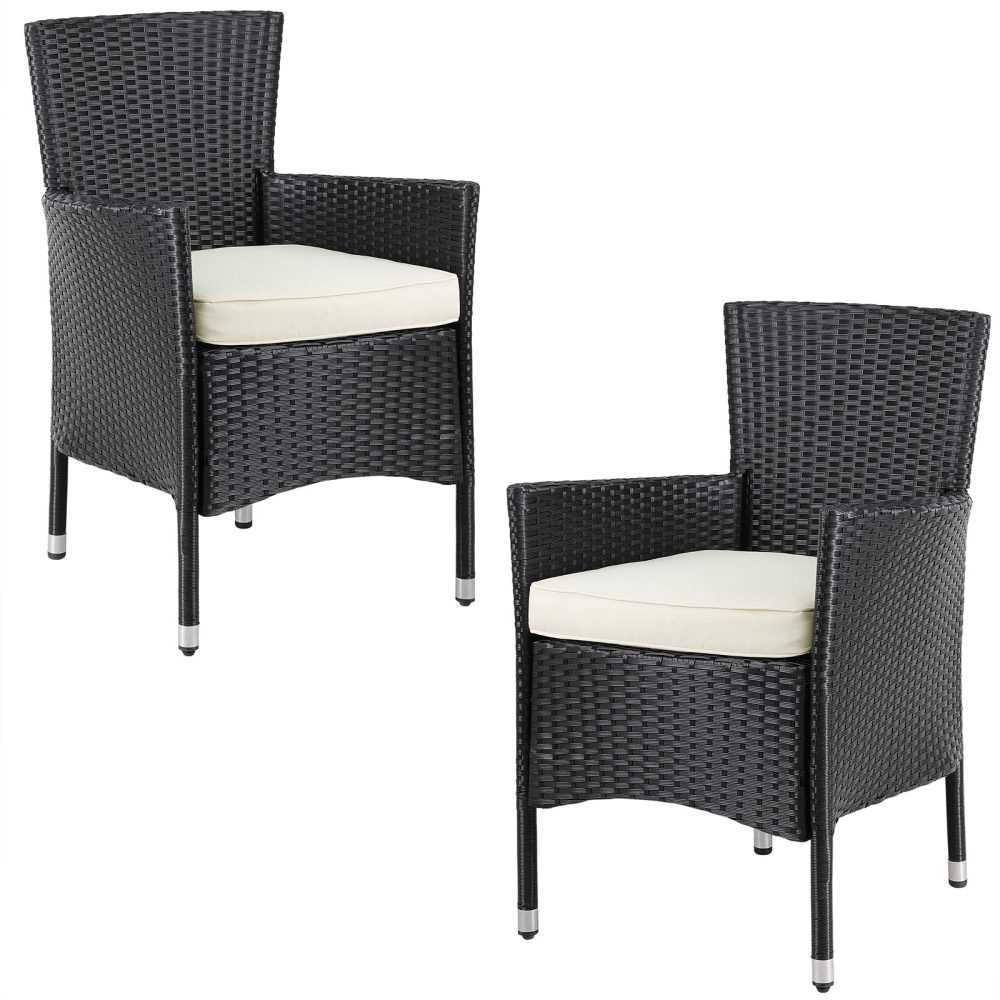 Polyrattan Gartenstuhl 2er-Set Schwarz/Creme stapelbar