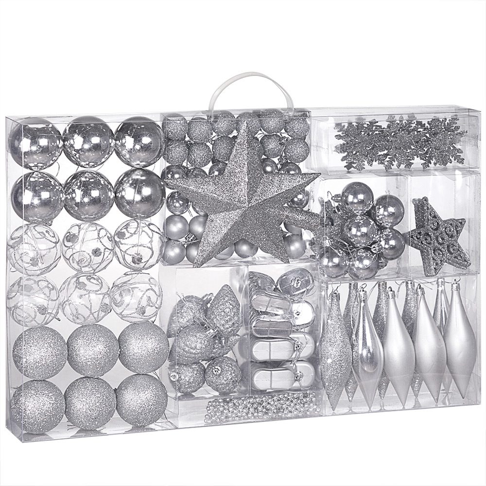 Weihnachtskugeln Silber 102-tlg in matt glänzend & glitzernd