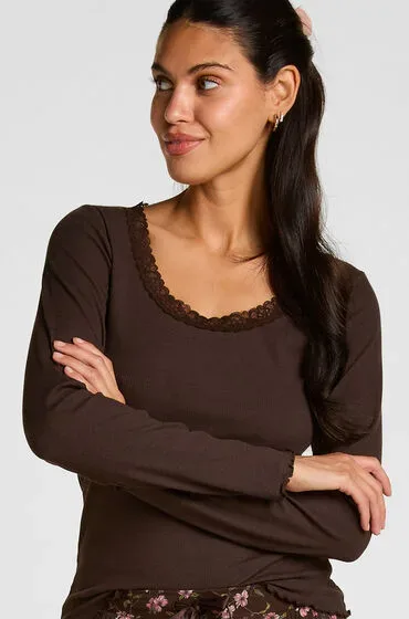 Hunkemöller Geripptes Langarmshirt mit Spitze Braun