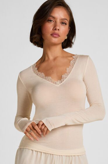 Hunkemöller Super Soft Spitzen-Shirt aus Kaschmir-Mix mit V-Ausschnit Weiß