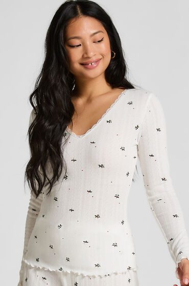 Hunkemöller Langärmeliges Pyjamatop Pointelle Weiß