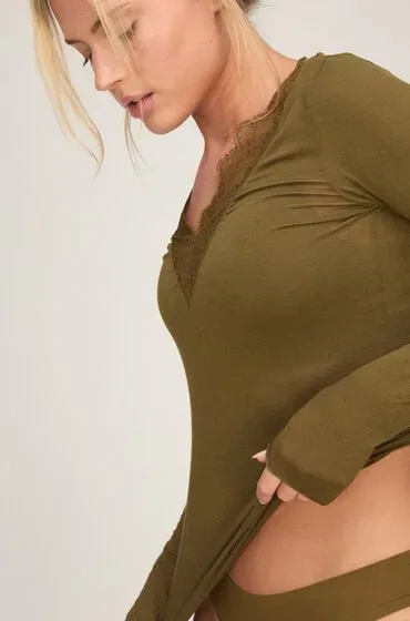 Hunkemöller Super Soft Spitzen-Shirt aus Kaschmir-Mix mit V-Ausschnit Grün