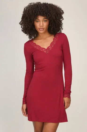 Hunkemöller Langarm-Nachthemd Jersey Lace Nana Rot
