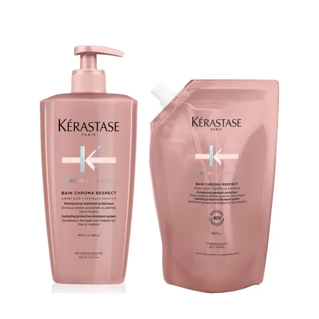 Kérastase Chroma Absolu Bain Chroma Respect nachfüllbare Pumpflasche und Nachfüllpack Shampoo 1 ct