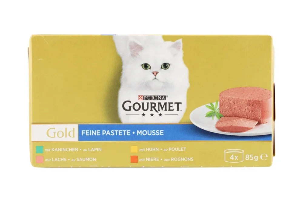 Gourmet Gold Feine Pastete mit Kaninchen, Huhn, Lachs, Niere 4x85g