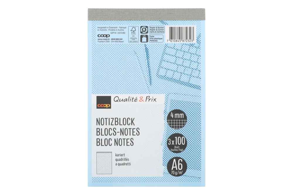 Coop Qualité & Prix Notizblock FSC A6 kariert 100 Blatt 3 Stück