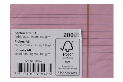Karteikarten A8 liniert farbig 180g 200 Blatt