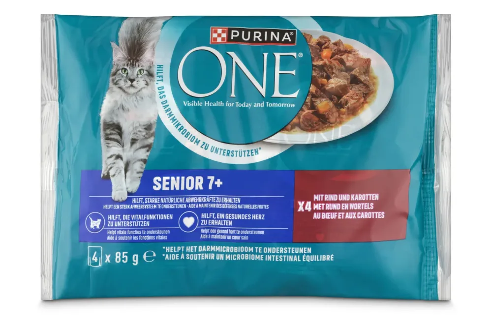 Purina ONE Senior 7+ zarte Stückchen in Sauce mit Rind und Karotten, Katzennassfutter, Beutel 4x85g