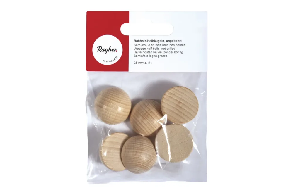 Rohholz-Halbkugeln, ungebohrt, 25mm ø, SB-Btl 6Stück